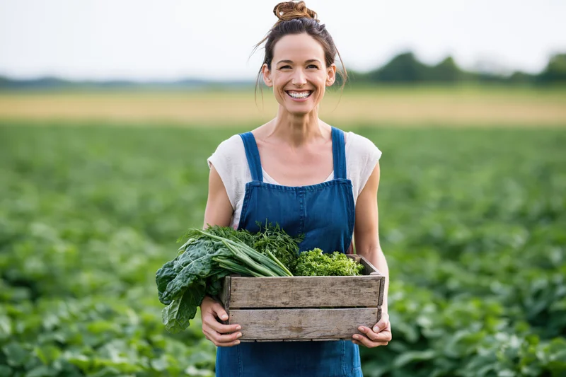Smiling woman holding wooden crate of fresh vegetables in a green field