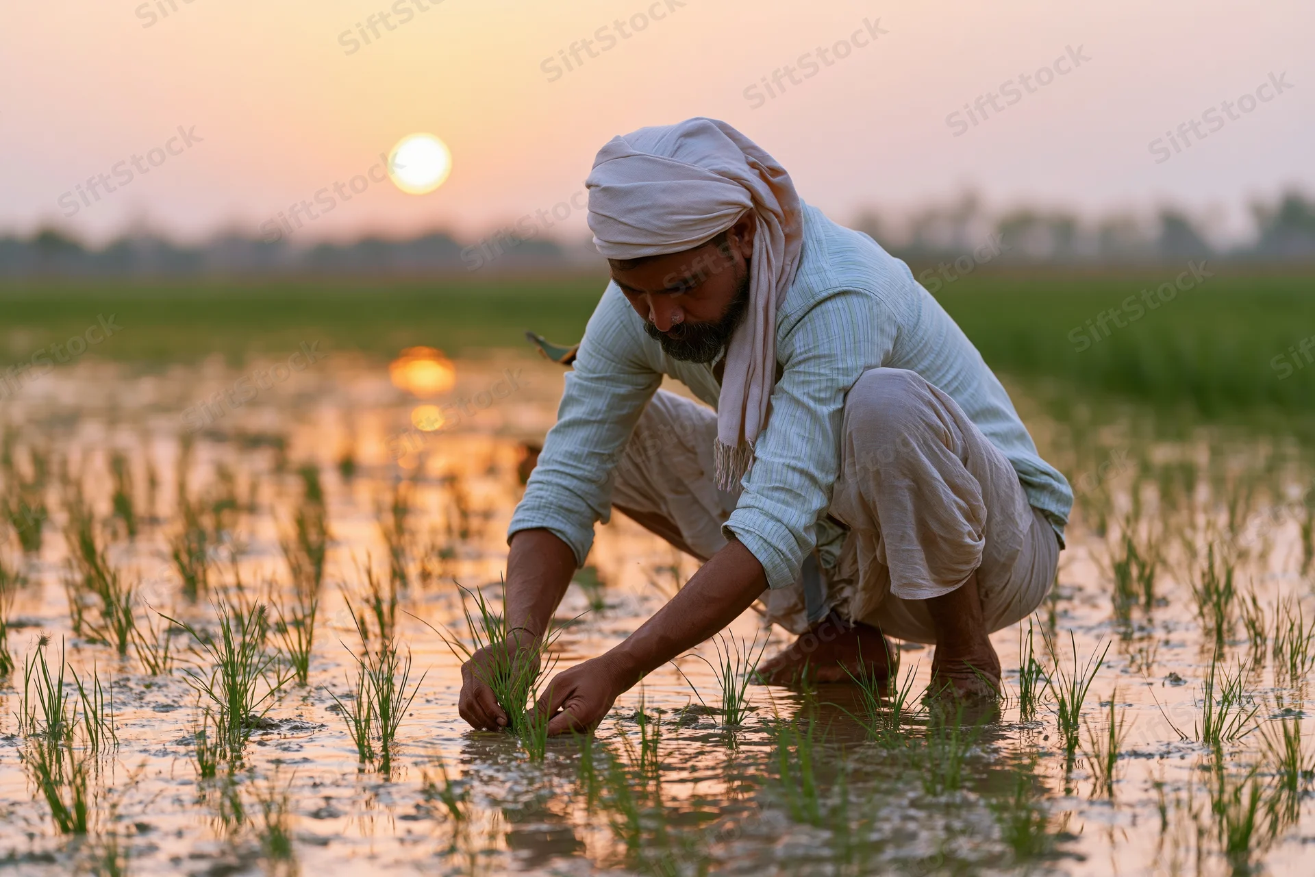 Man crouching to plant rice seedlings in a flooded field at sunset