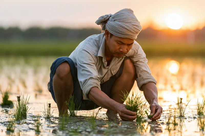 Man crouching in a flooded rice field planting seedlings at sunset