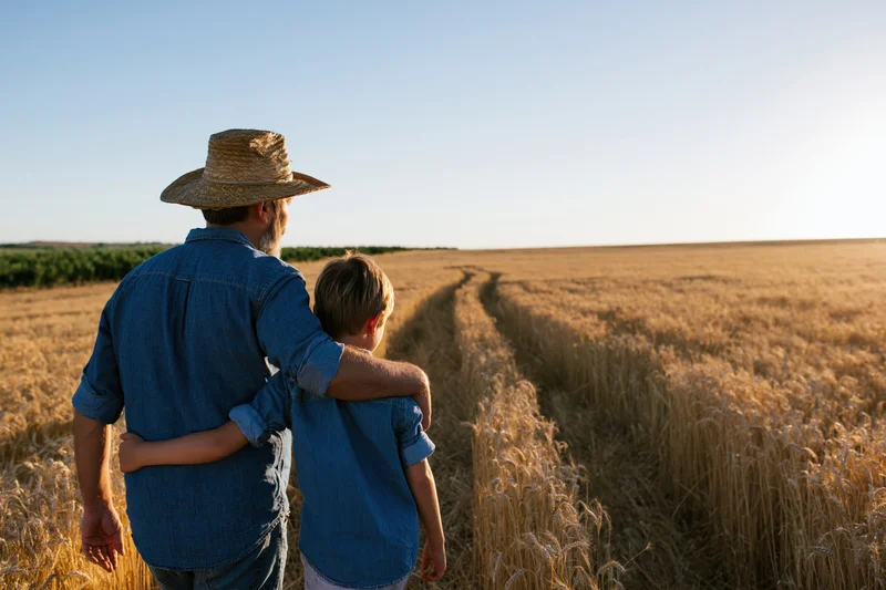 Father and son walking arm in arm through a golden wheat field at sunset