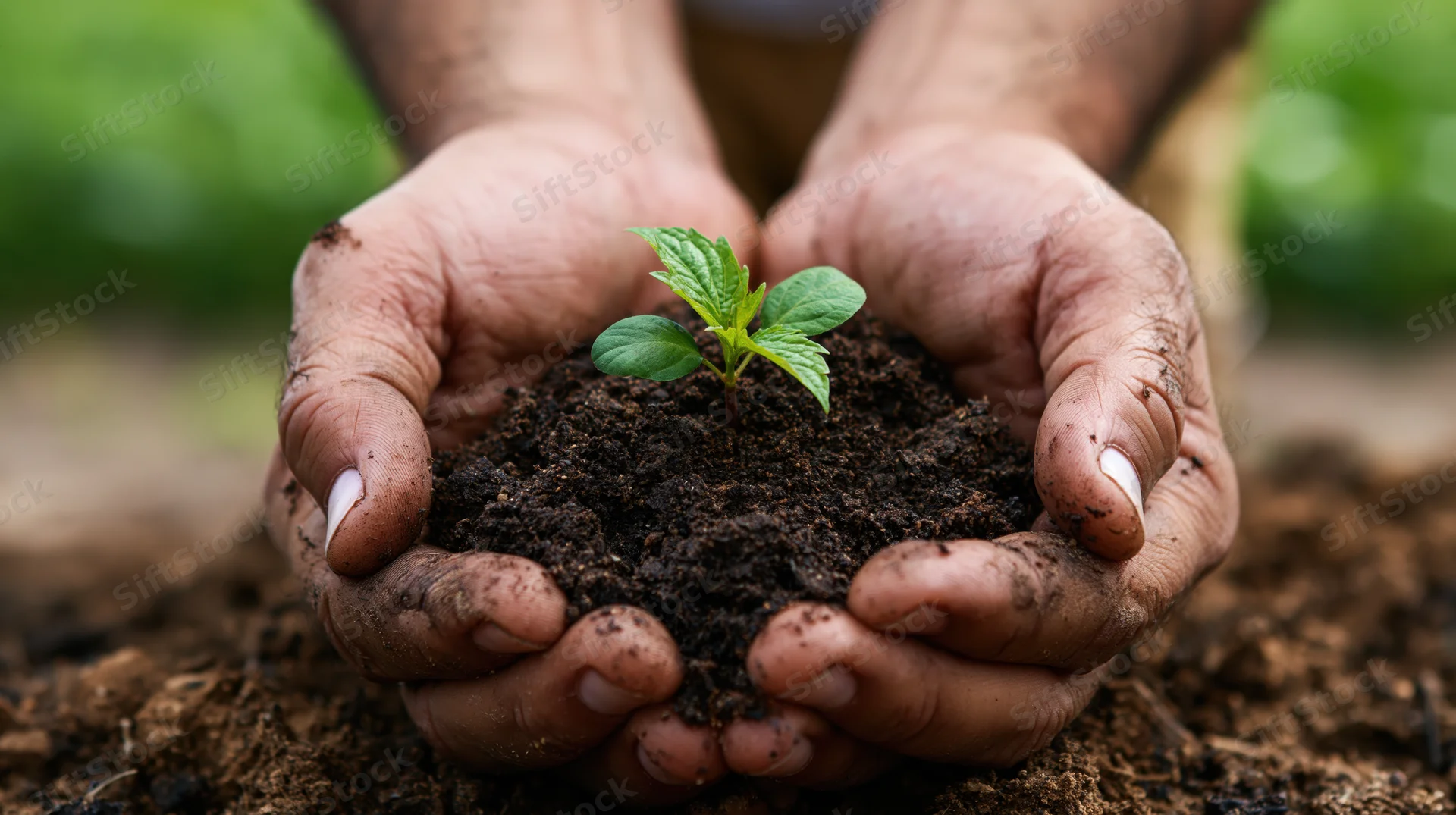 Weathered hands cradling soil with a small green seedling in a garden setting
