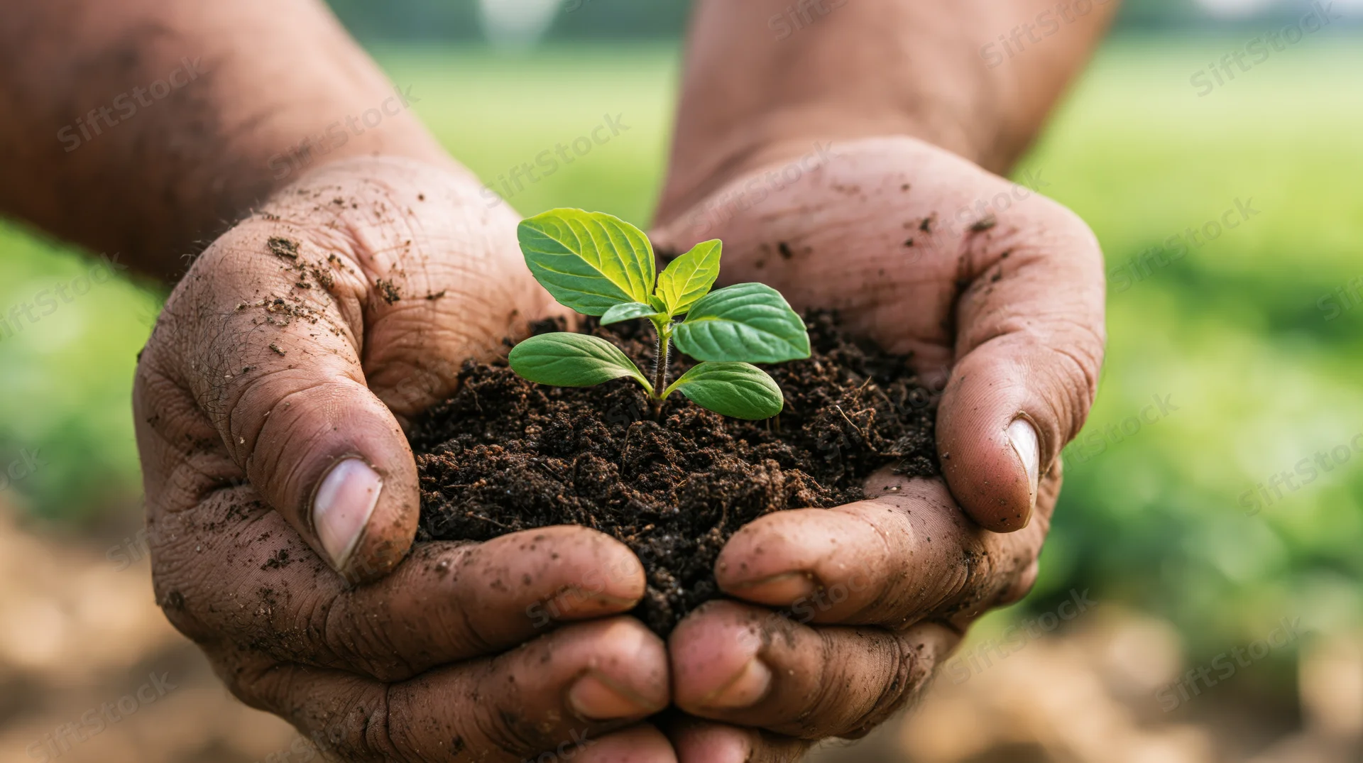 Weathered hands holding soil with a small green seedling in a field