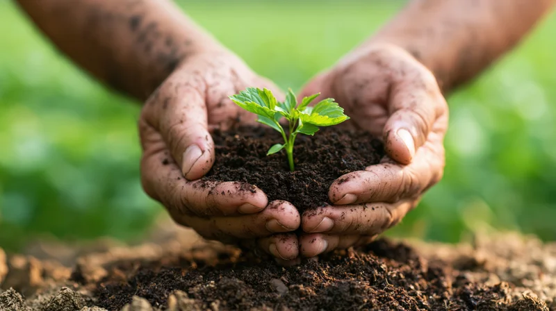 Dirt-streaked hands cradling a small green seedling in soil outdoors