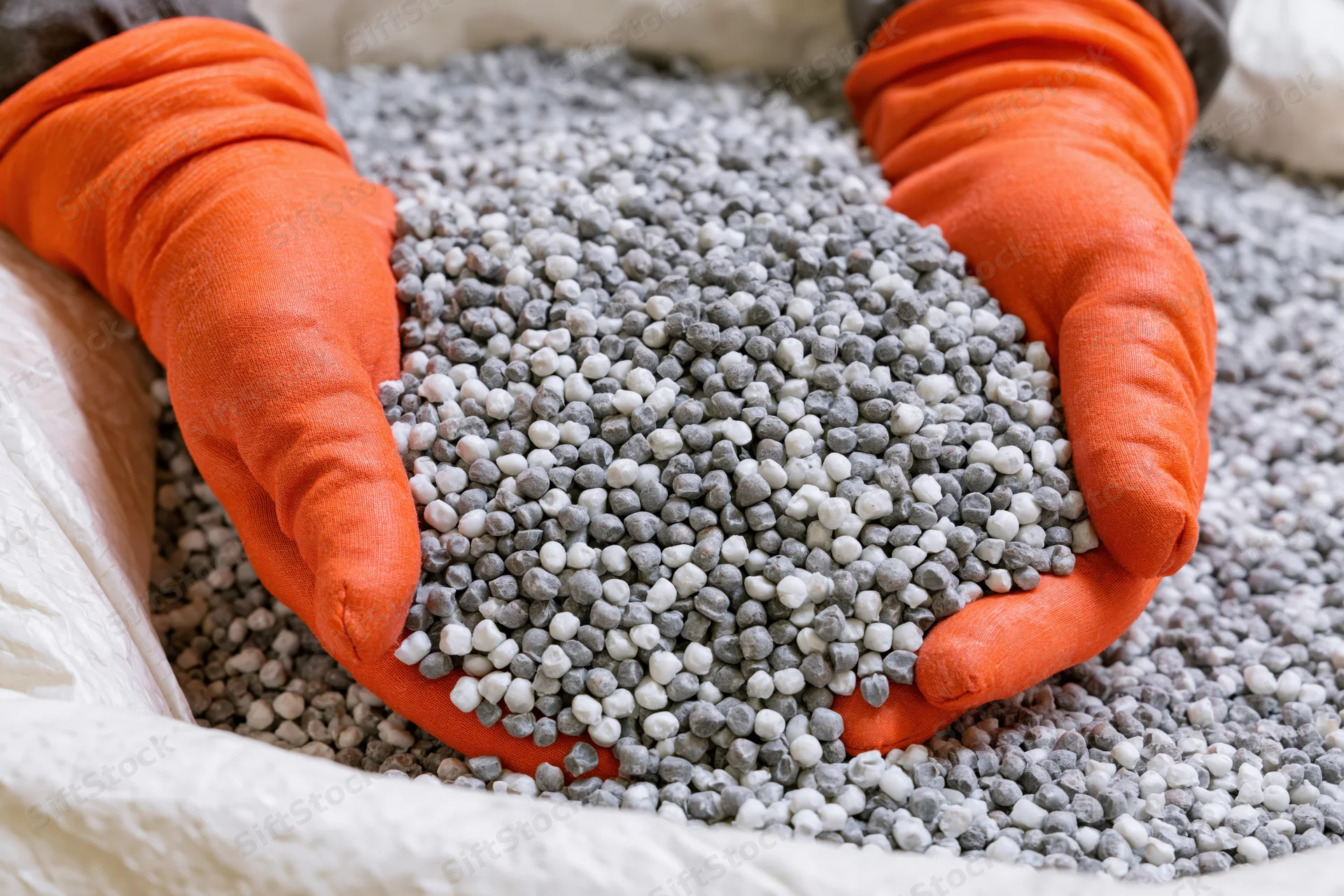 Gloved hands holding granular fertilizer from a white bag