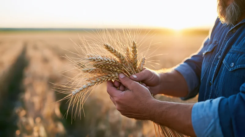 Farmer holding wheat stalks in a golden field at sunset
