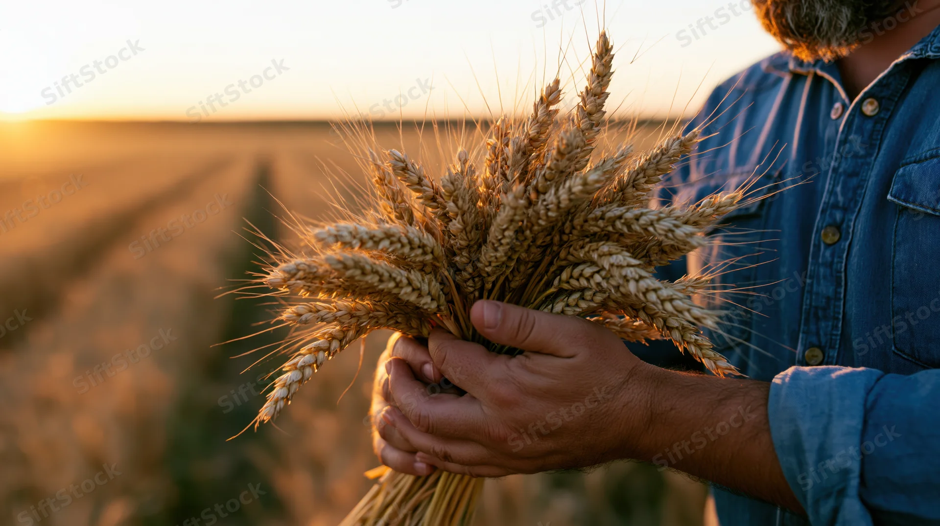 Man holding sheaf of wheat in field at sunset