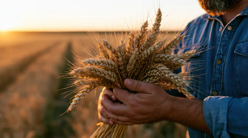 Man holding sheaf of wheat in field at sunset