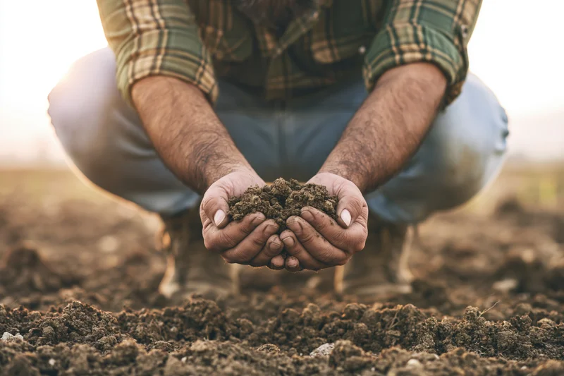 Farmer crouching in a field holding soil in his hands