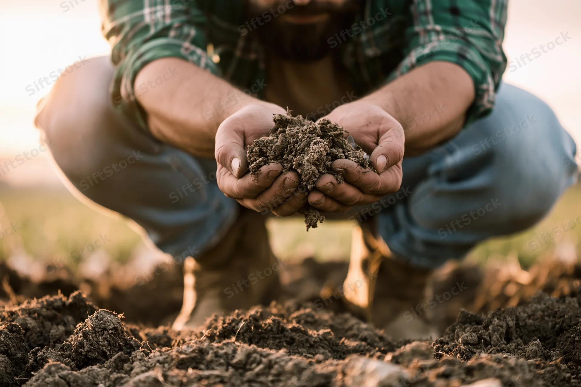 Farmer crouching in field holding soil in hands