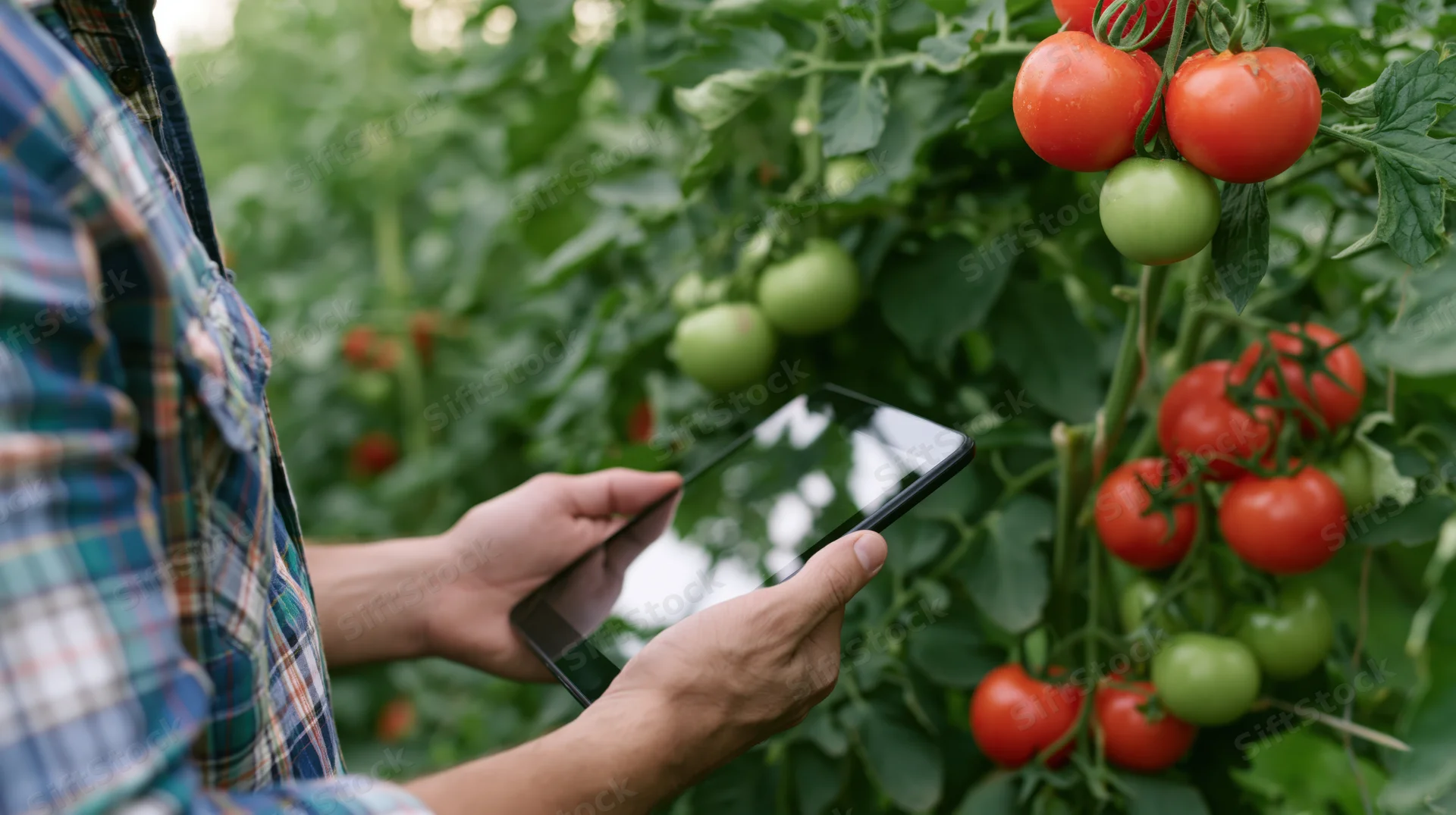 Farmer using tablet to inspect tomatoes in greenhouse