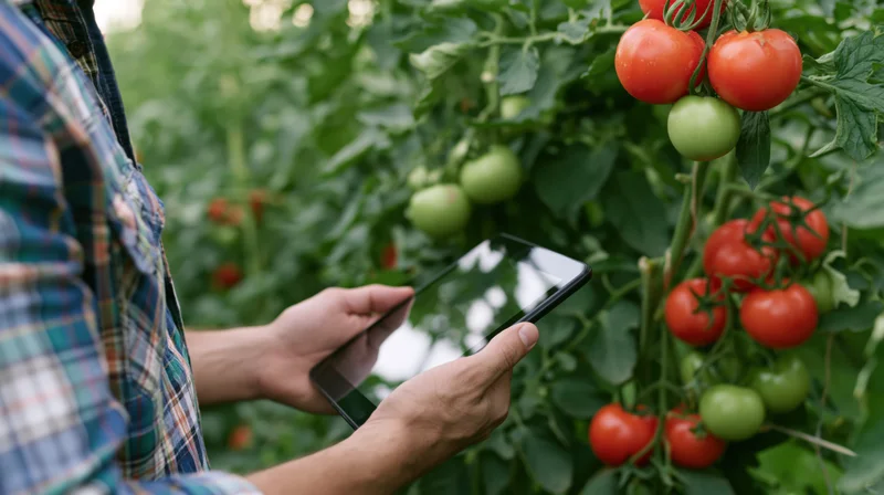 Farmer using tablet to inspect tomatoes in greenhouse