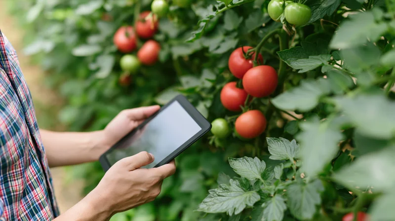 Woman holding tablet inspecting tomato plants in garden