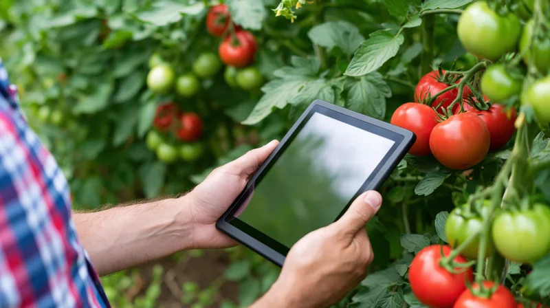 Farmer holding tablet inspecting tomato plants in garden