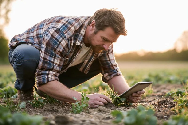 Farmer crouching in a field inspecting young plants with a tablet