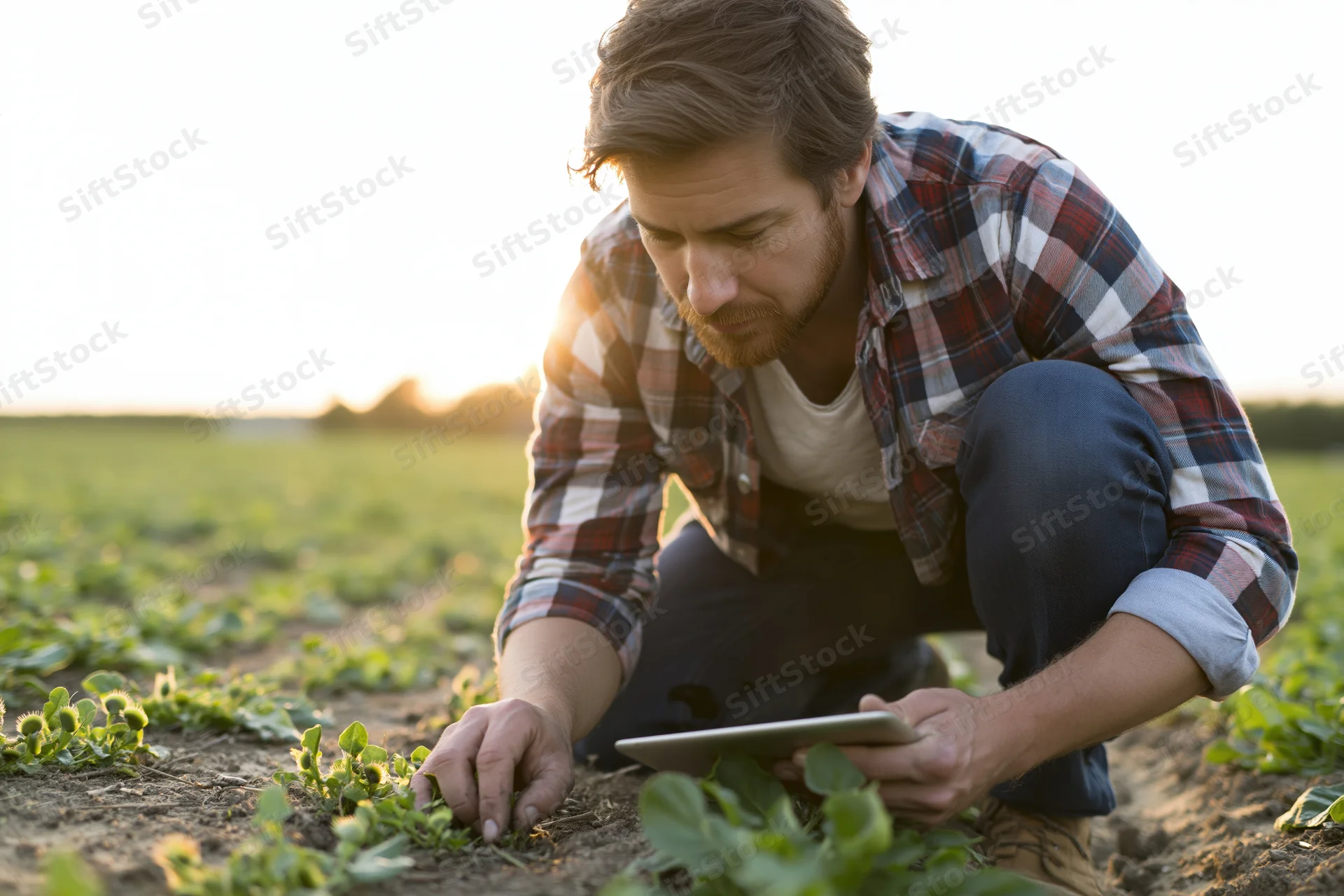 Man in plaid shirt crouching in field inspecting plants with tablet