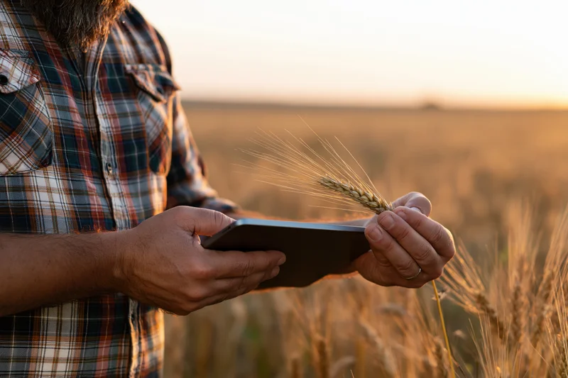 Farmer holding tablet and wheat stalk in a field at sunset