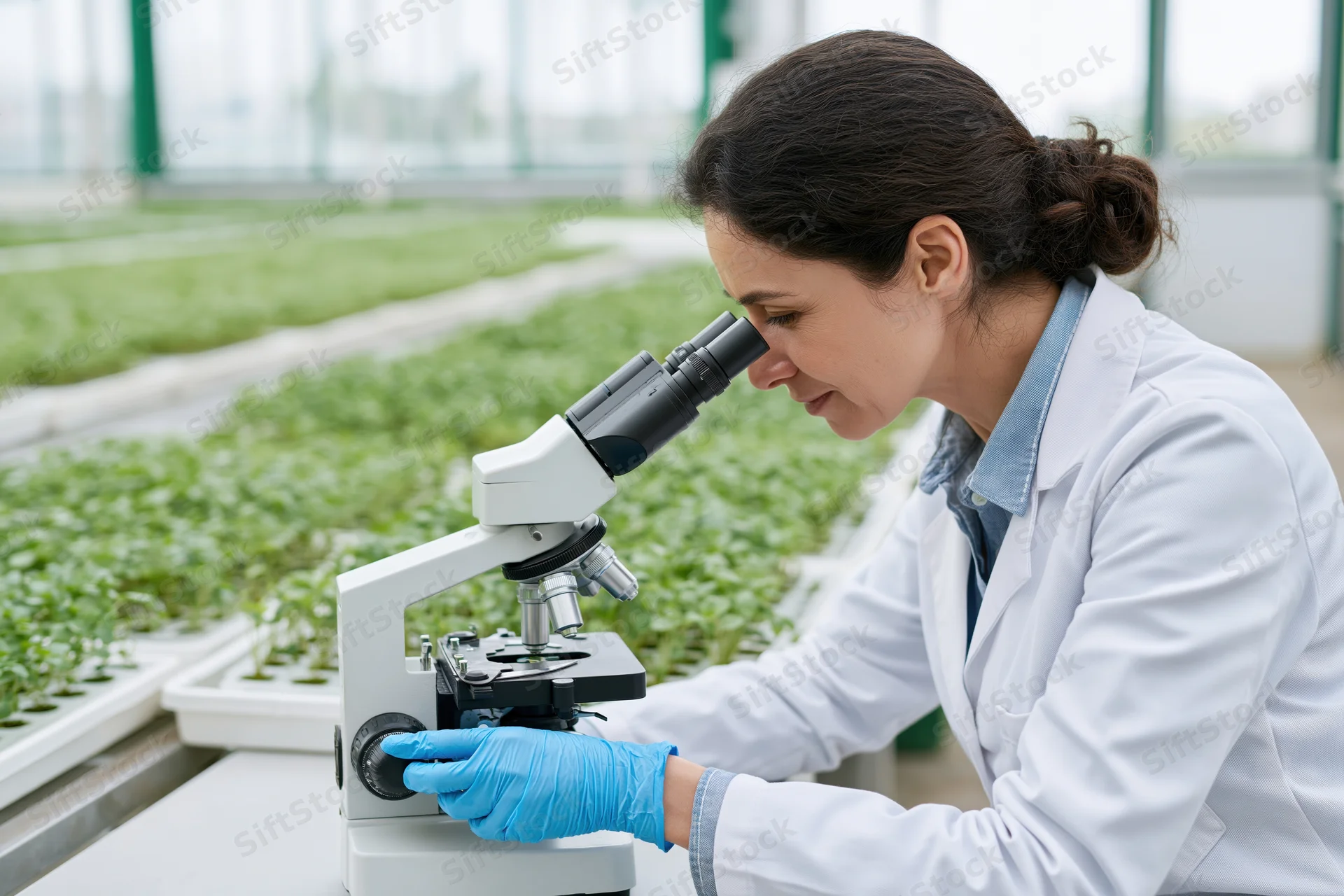 Woman scientist examining plant seedlings through microscope in greenhouse lab