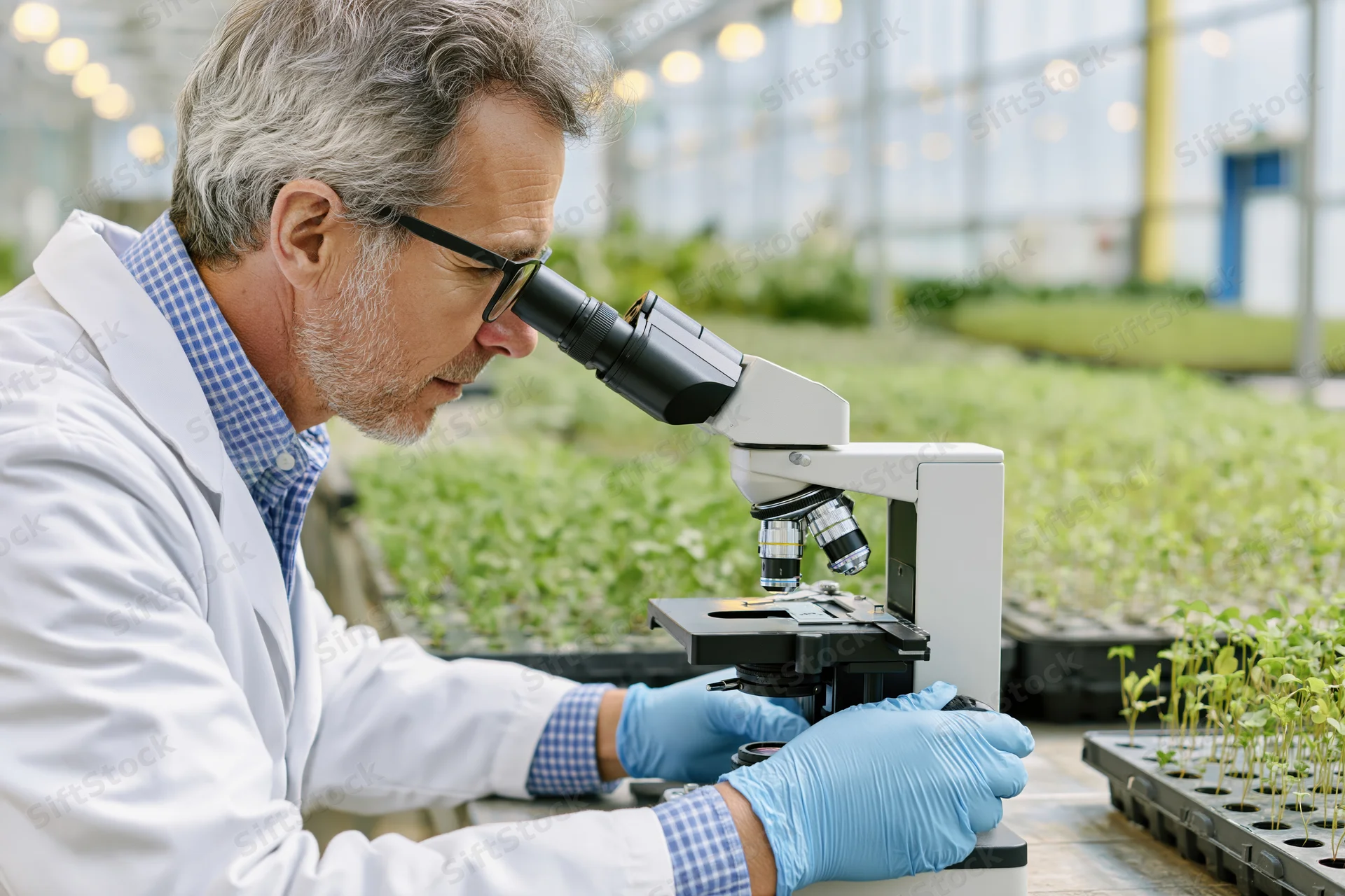 Scientist examining plant seedlings under microscope in greenhouse