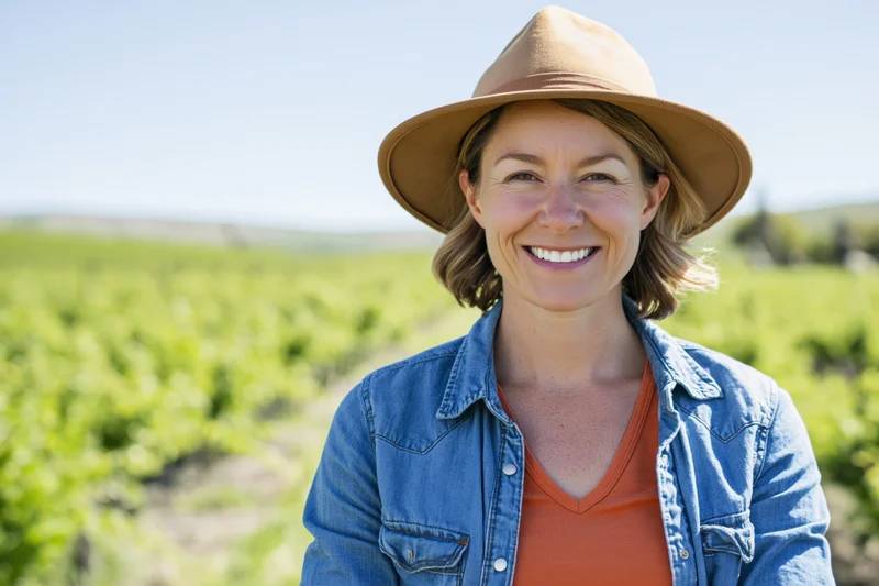 Smiling woman in denim jacket and hat standing in a vineyard field