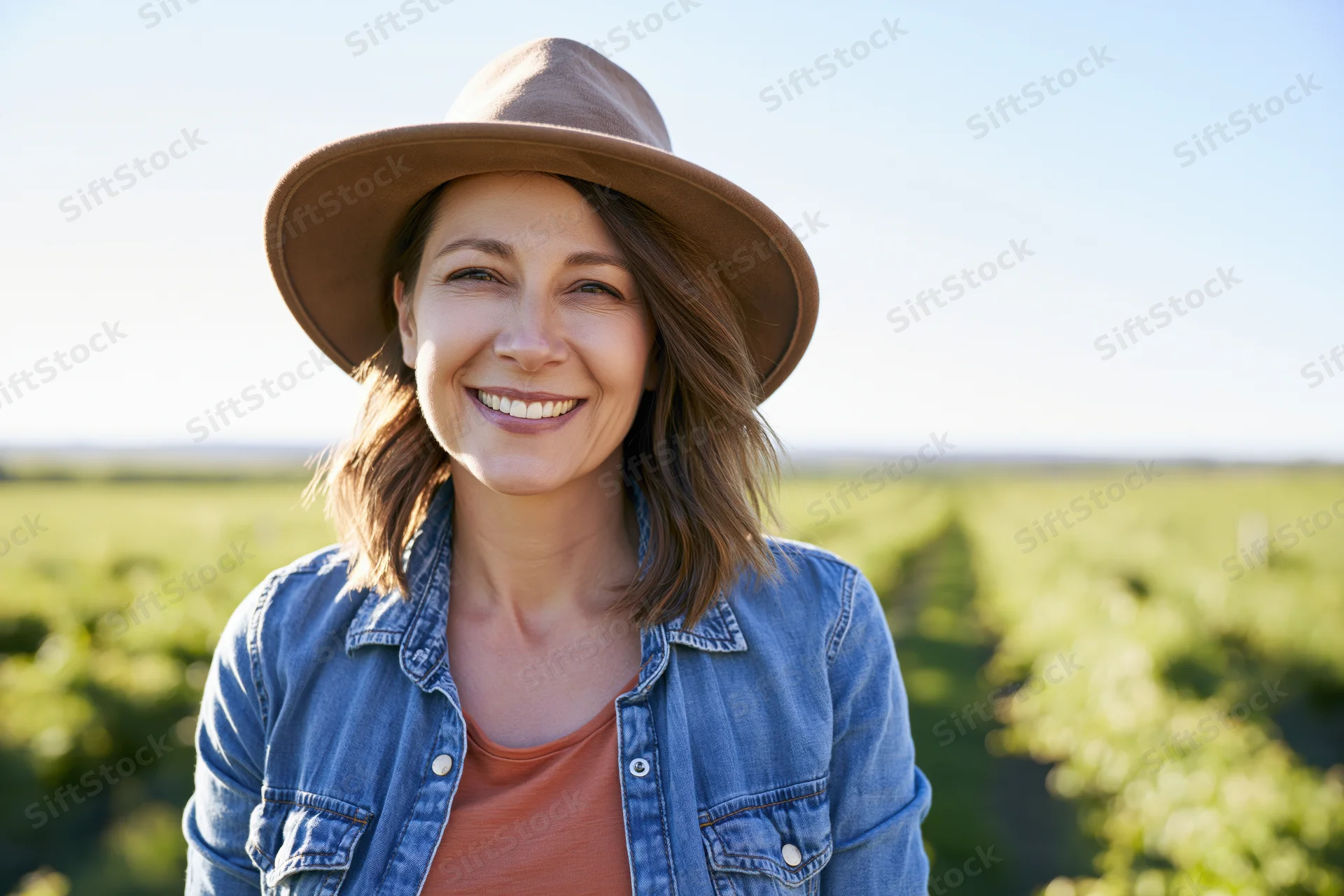 Smiling woman in denim jacket and hat standing in a vineyard field
