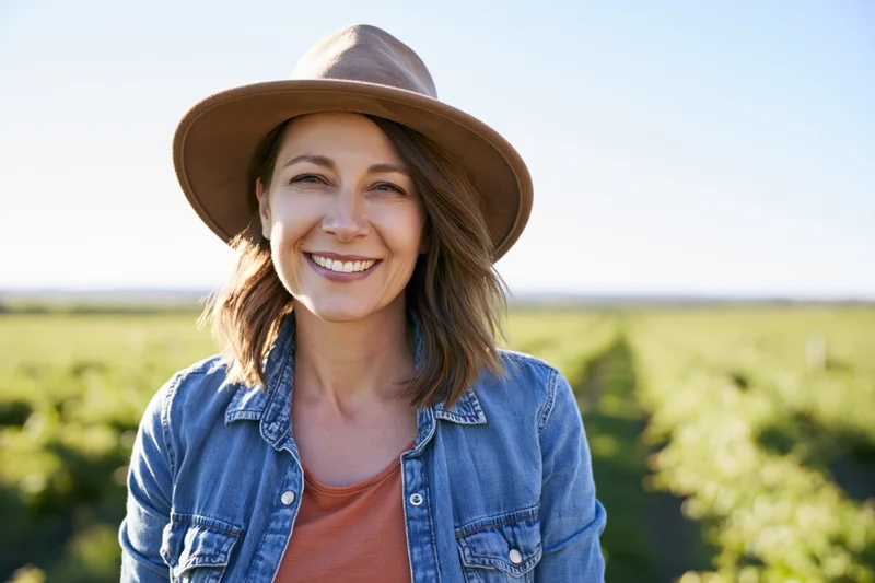 Smiling woman in denim jacket and hat standing in a vineyard field