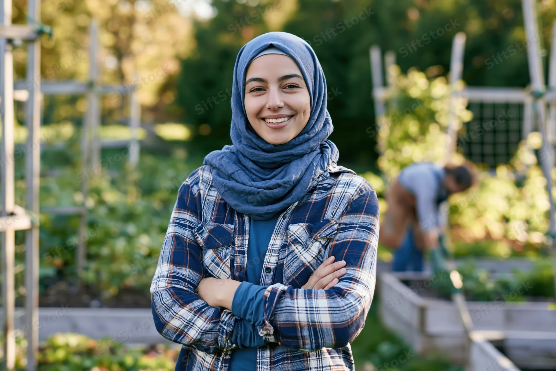 Smiling woman in hijab with arms crossed standing in a community garden