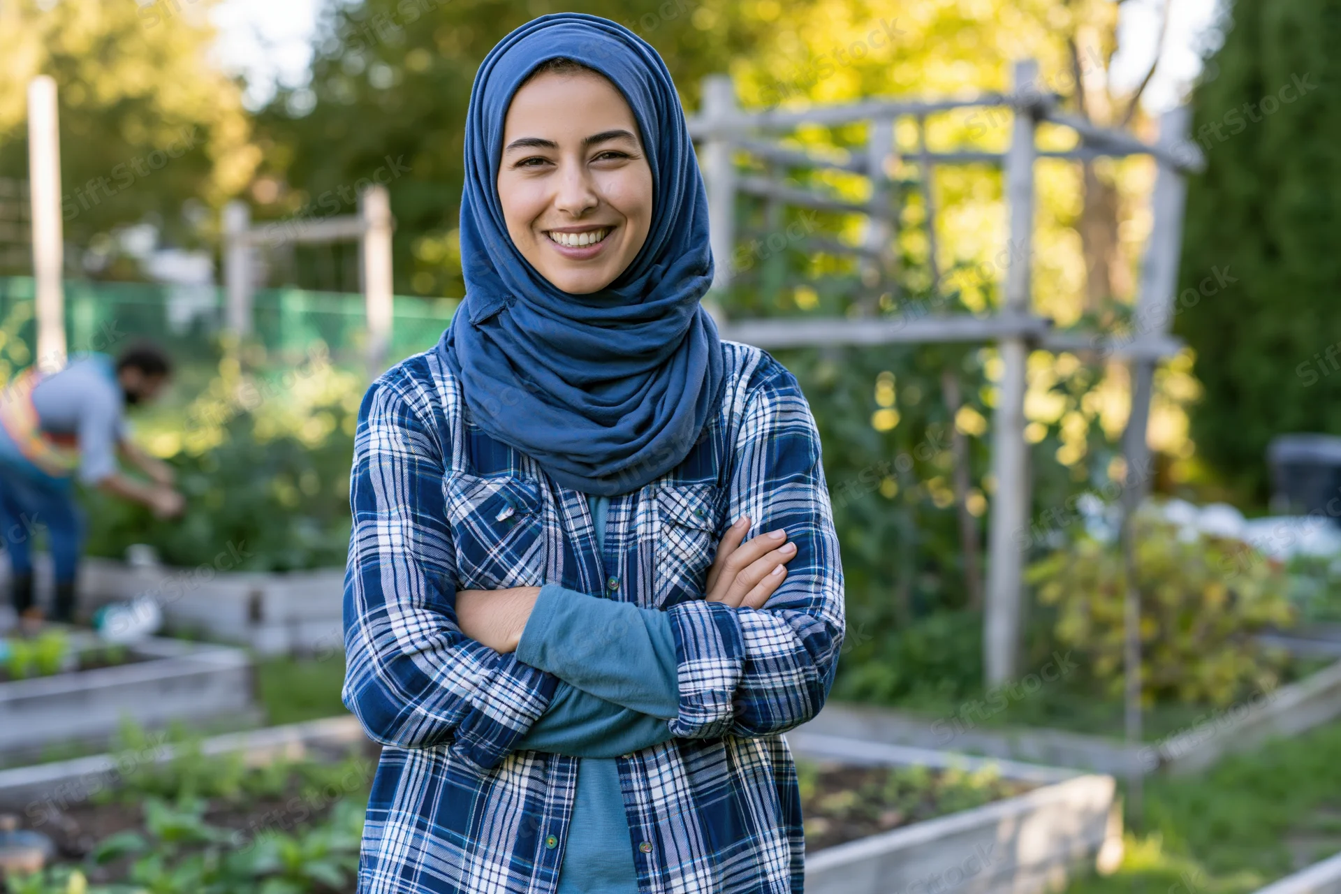 Smiling woman in hijab with arms crossed standing in community garden