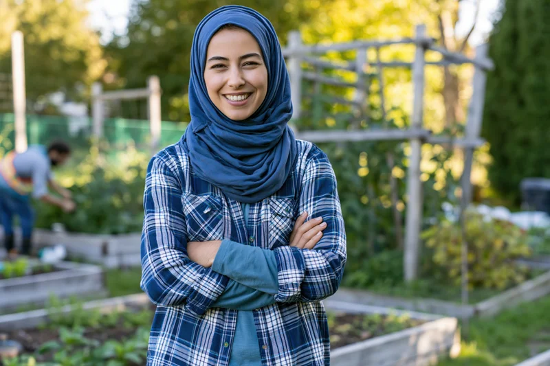 Smiling woman in hijab with arms crossed standing in community garden