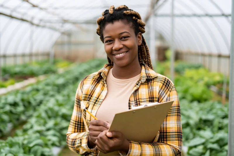 Woman smiling while holding clipboard and pencil in greenhouse garden