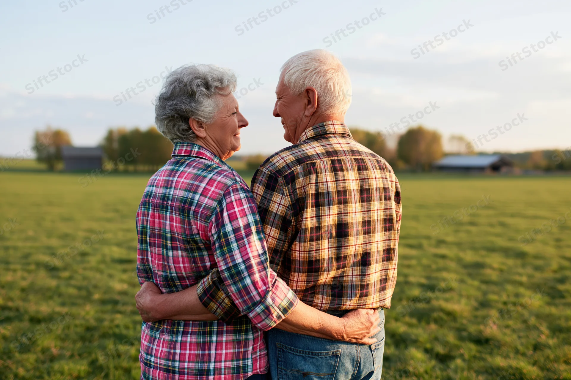 Elderly couple embracing in a grassy field at sunset