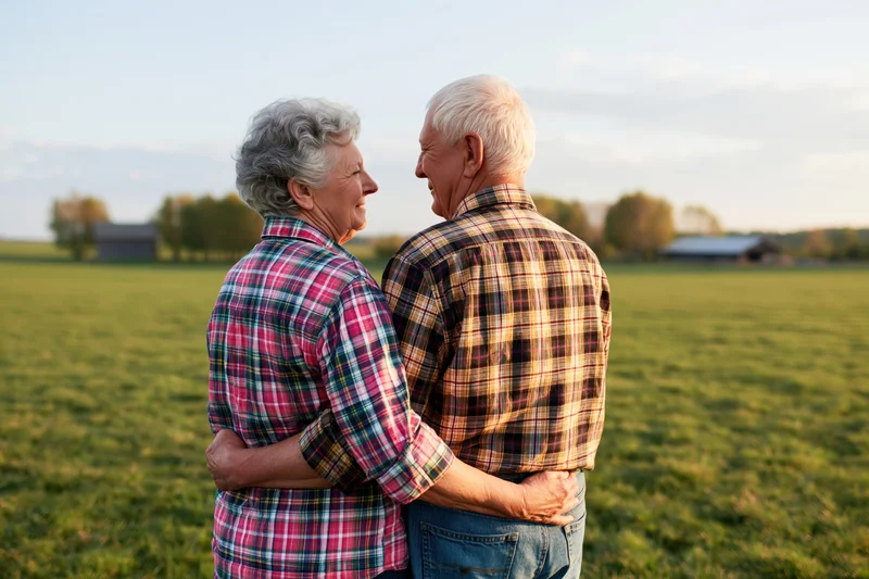 Elderly couple embracing in a grassy field at sunset