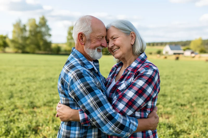 Elderly couple embracing in a grassy field near a farmhouse