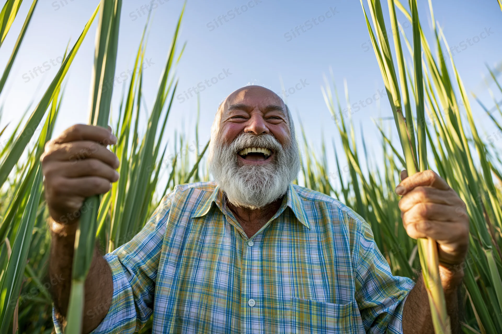 Senior man laughing while holding sugar cane stalks in a field