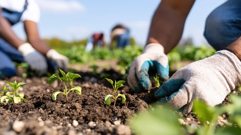Close-up of hands planting seedlings in soil in a field