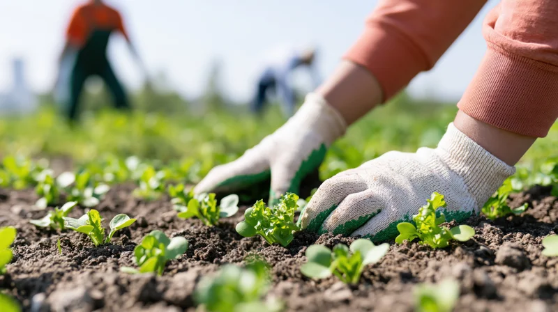 Close-up of hands in gloves tending lettuce seedlings in soil at a farm