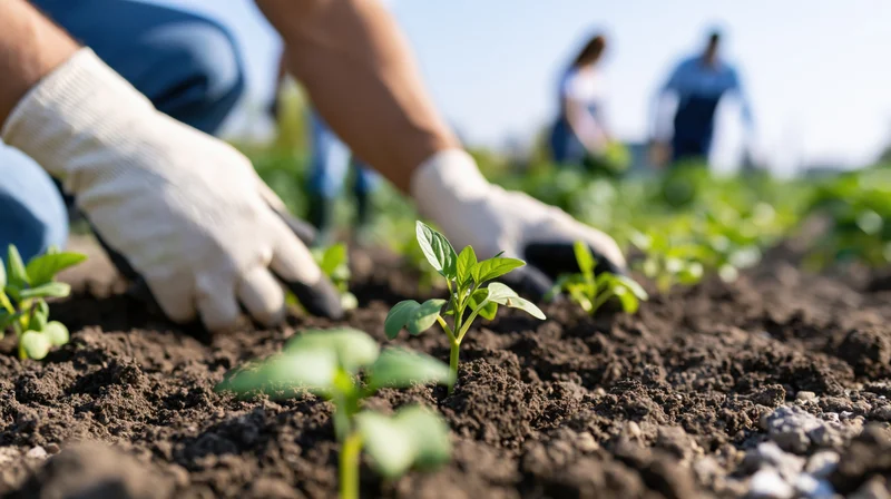Farmer planting seedlings in soil with gloves on a sunny day in a field