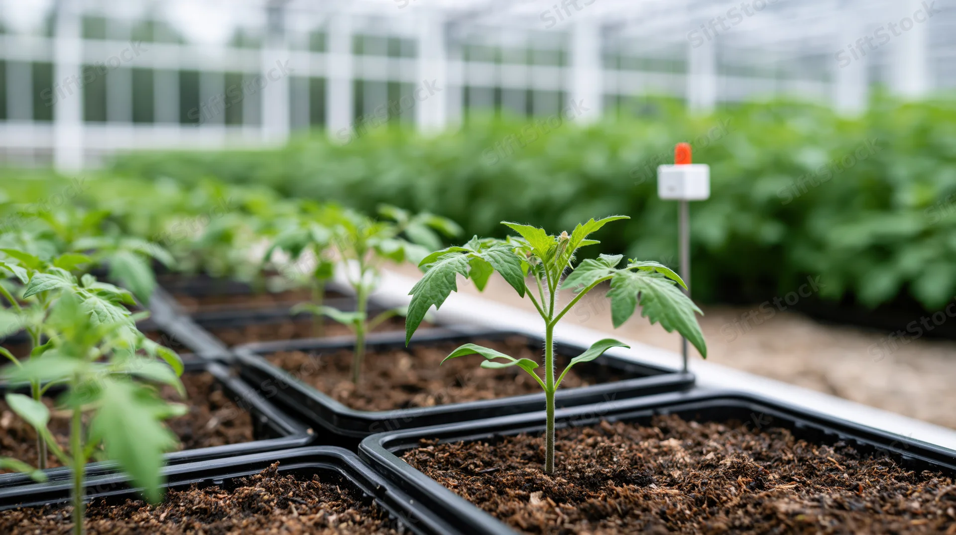 Young tomato seedlings growing in black trays inside a greenhouse with a soil sensor monitoring conditions