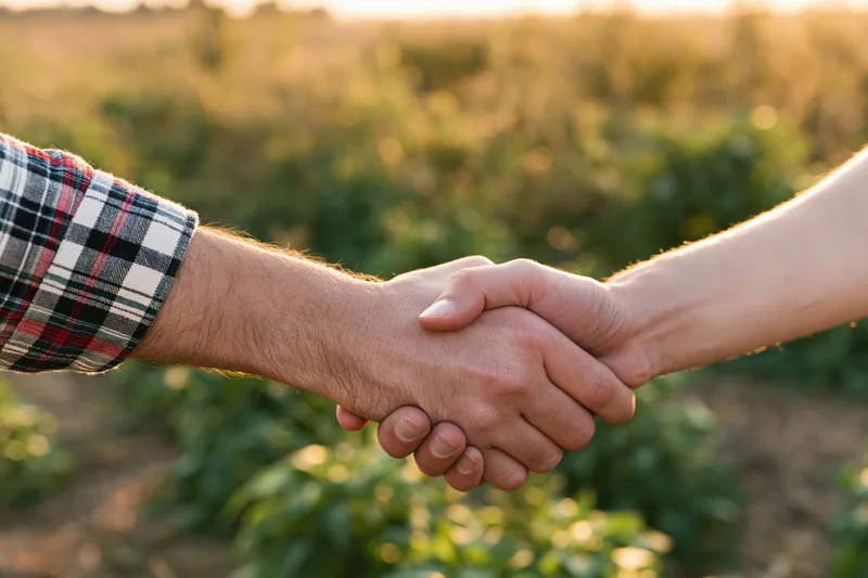 Two hands shaking in a field at sunset