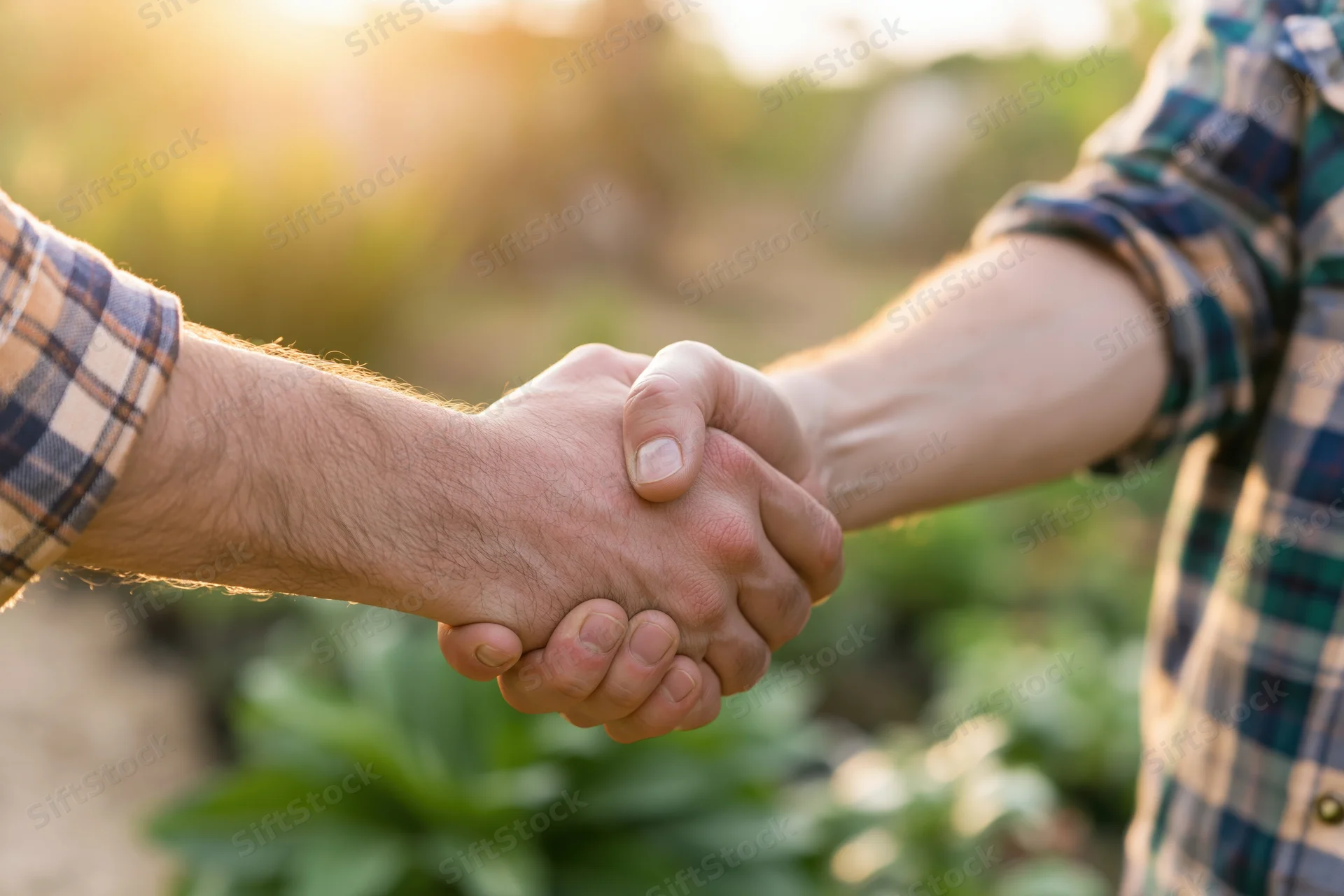 Two men in plaid shirts shaking hands in a sunlit farm field