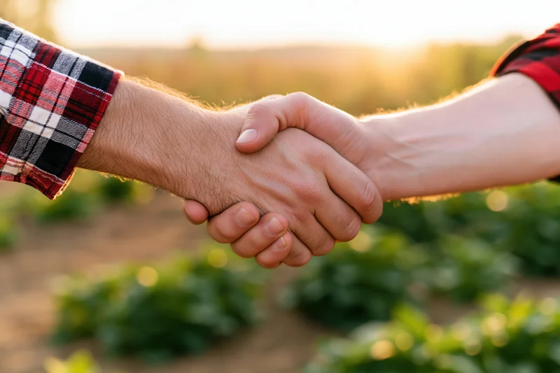 Two hands shaking firmly in a farm field at sunset
