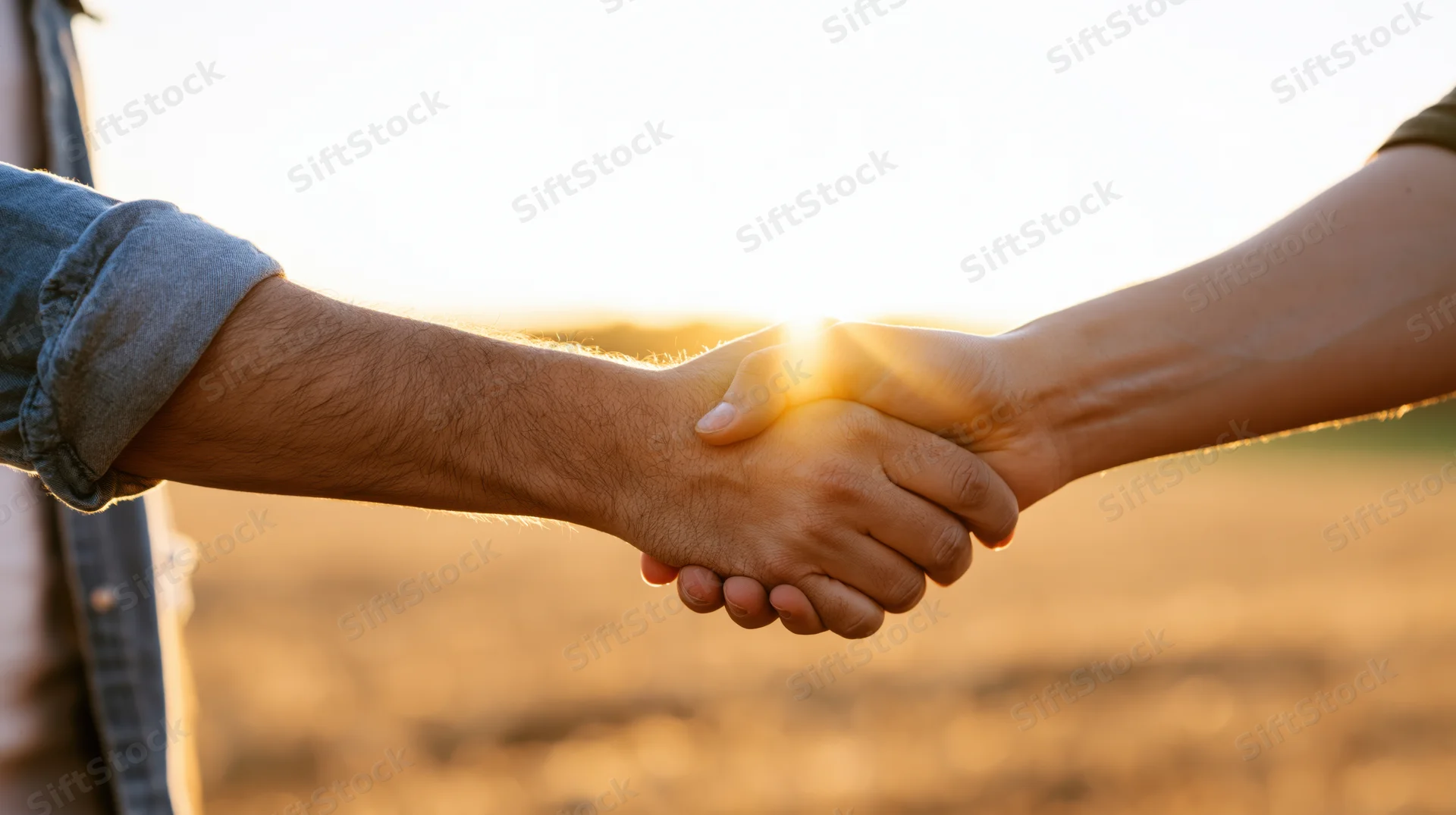 Two hands shaking in a field at sunset