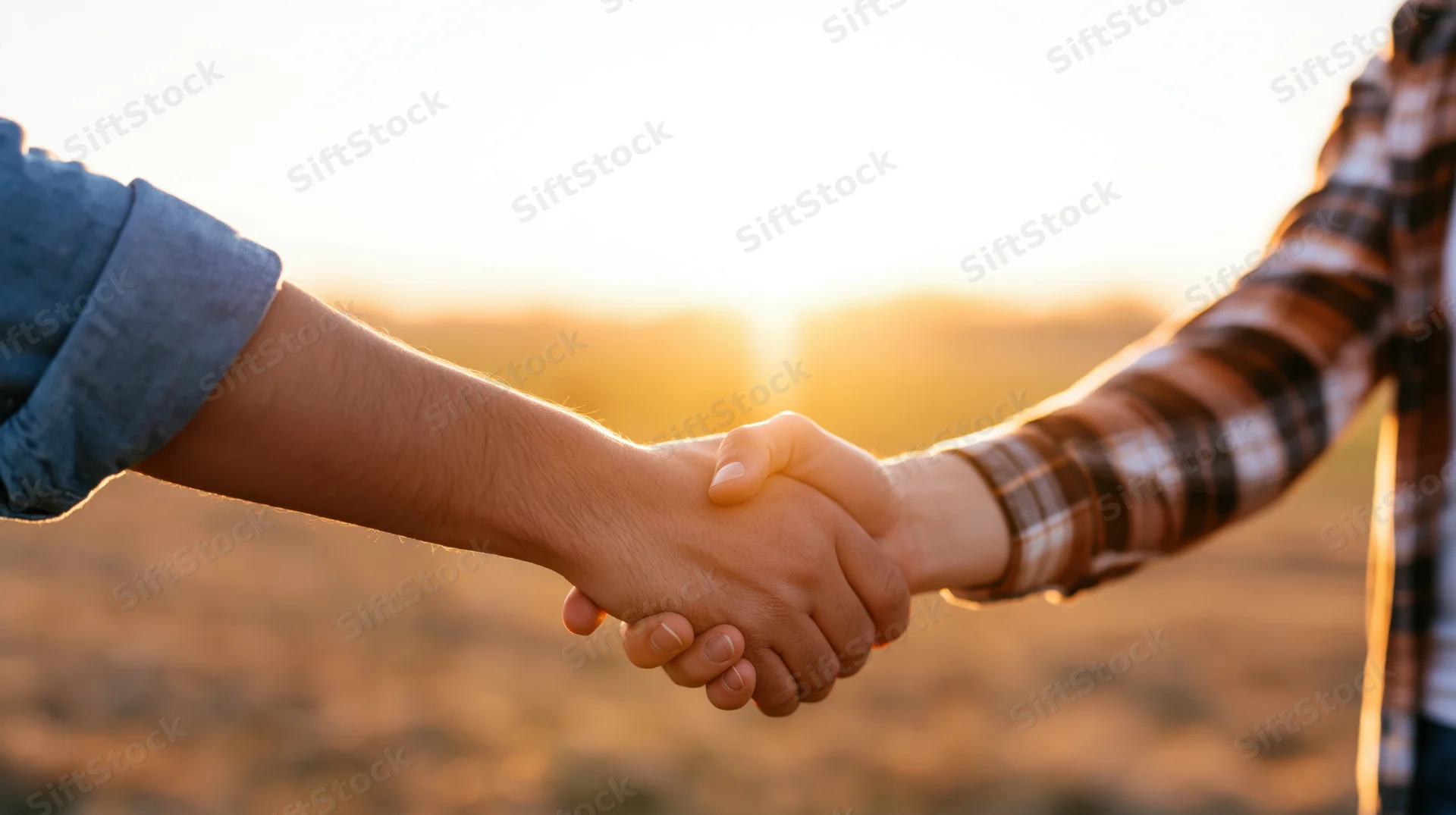 Two people shaking hands in a field at sunset