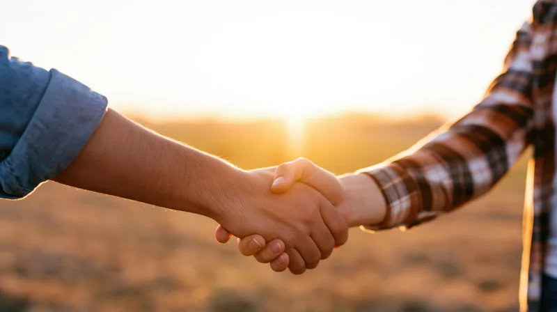 Two people shaking hands in a field at sunset