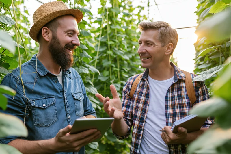 Two men smiling and talking while holding a tablet and notebook in a greenhouse surrounded by green plants