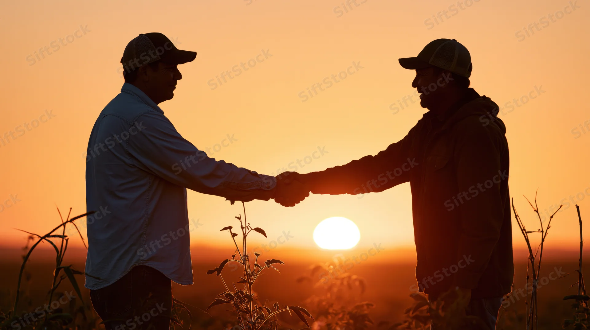 Two men shaking hands in a field at sunset