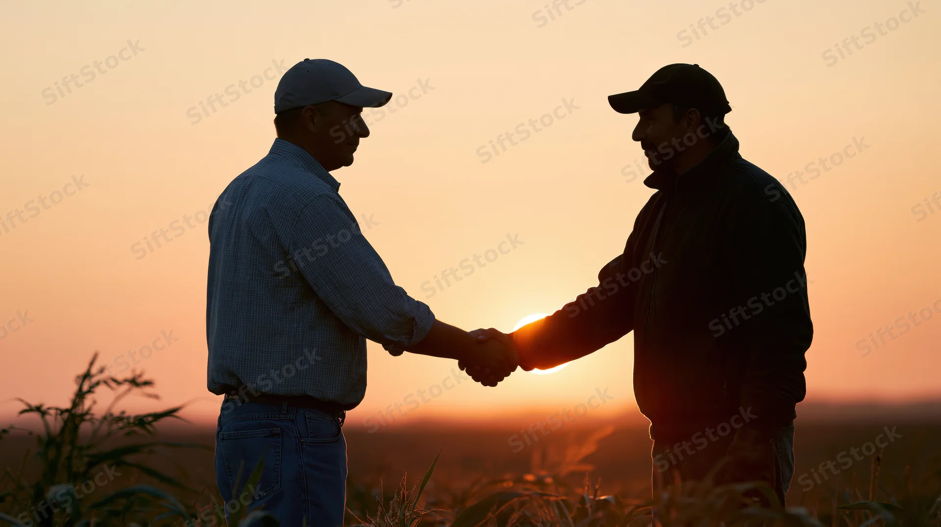 Two men shaking hands in a cornfield at sunset