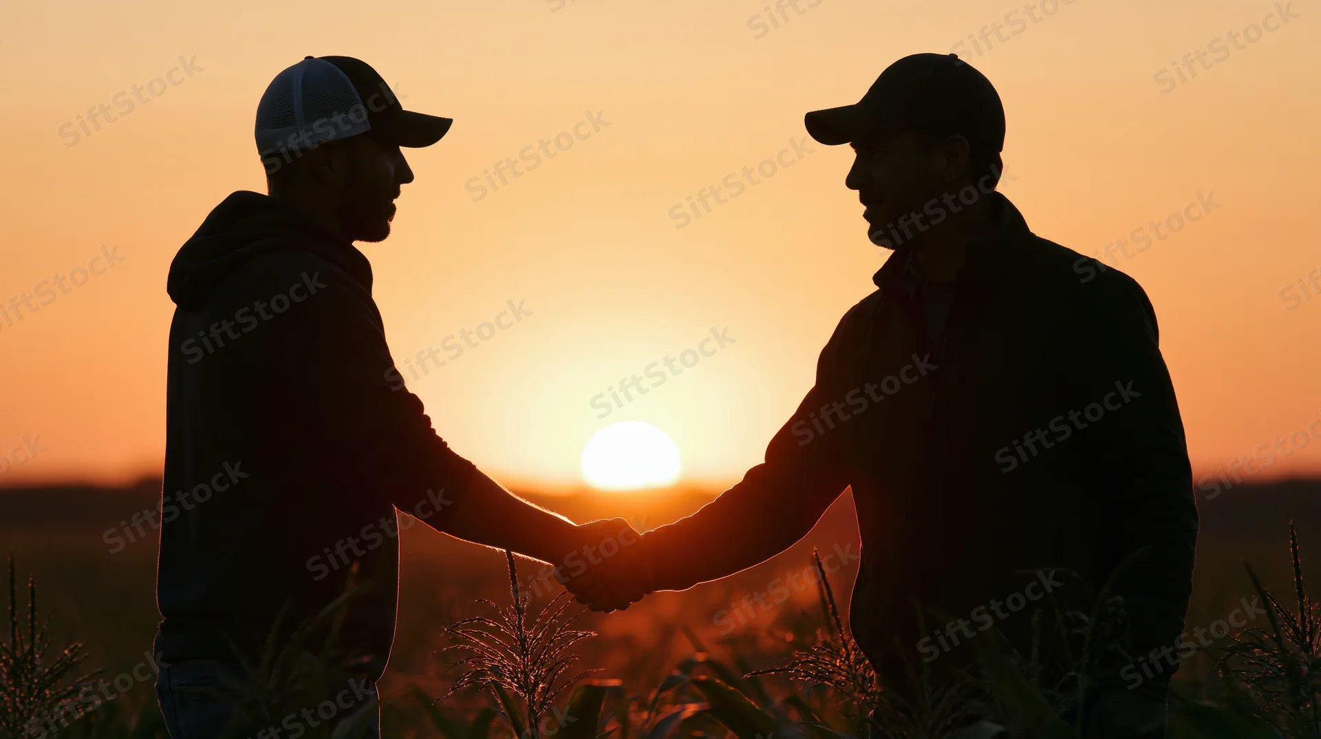 Two men shaking hands in a cornfield at sunset