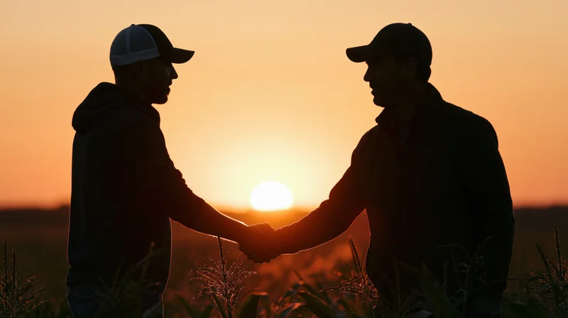 Two men shaking hands in a cornfield at sunset