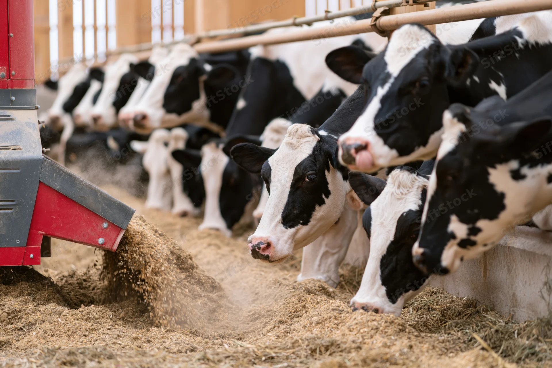 Dairy cows feeding from an automated trough in a barn