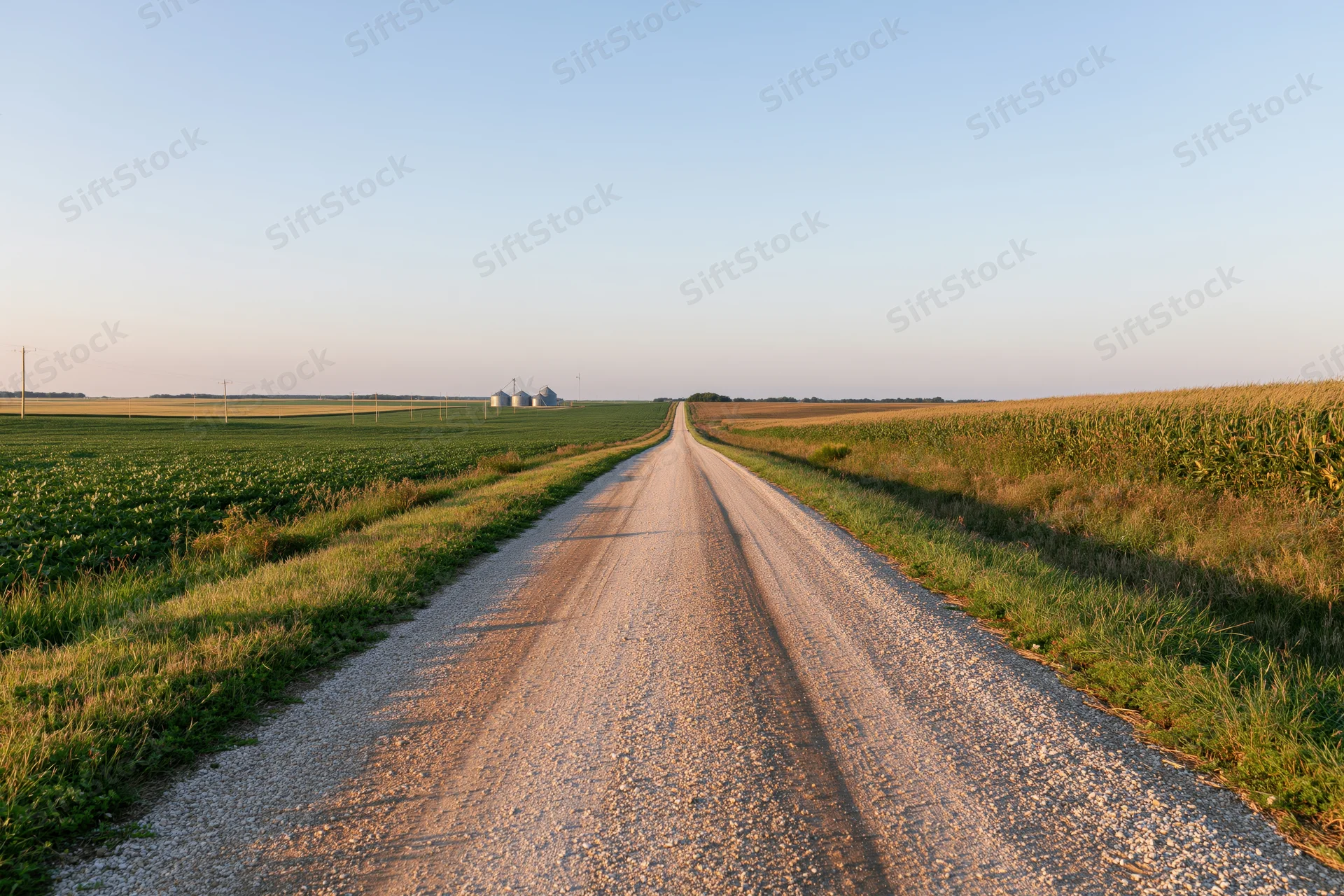 Straight gravel road cutting through flat farmland with corn and soybean fields under clear sky at sunset